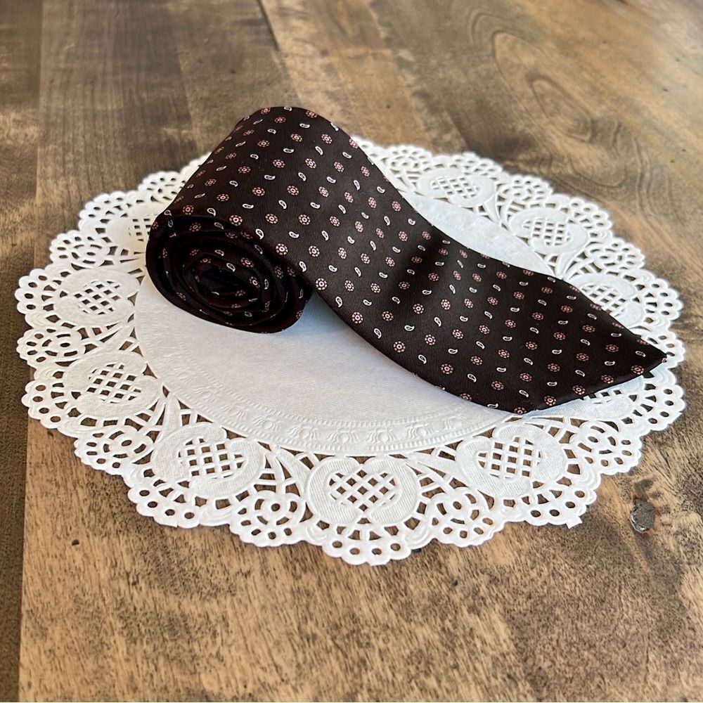 VINTAGE Pride of England Brown with Pink, White, and Gold Paisley Print Silk Tie